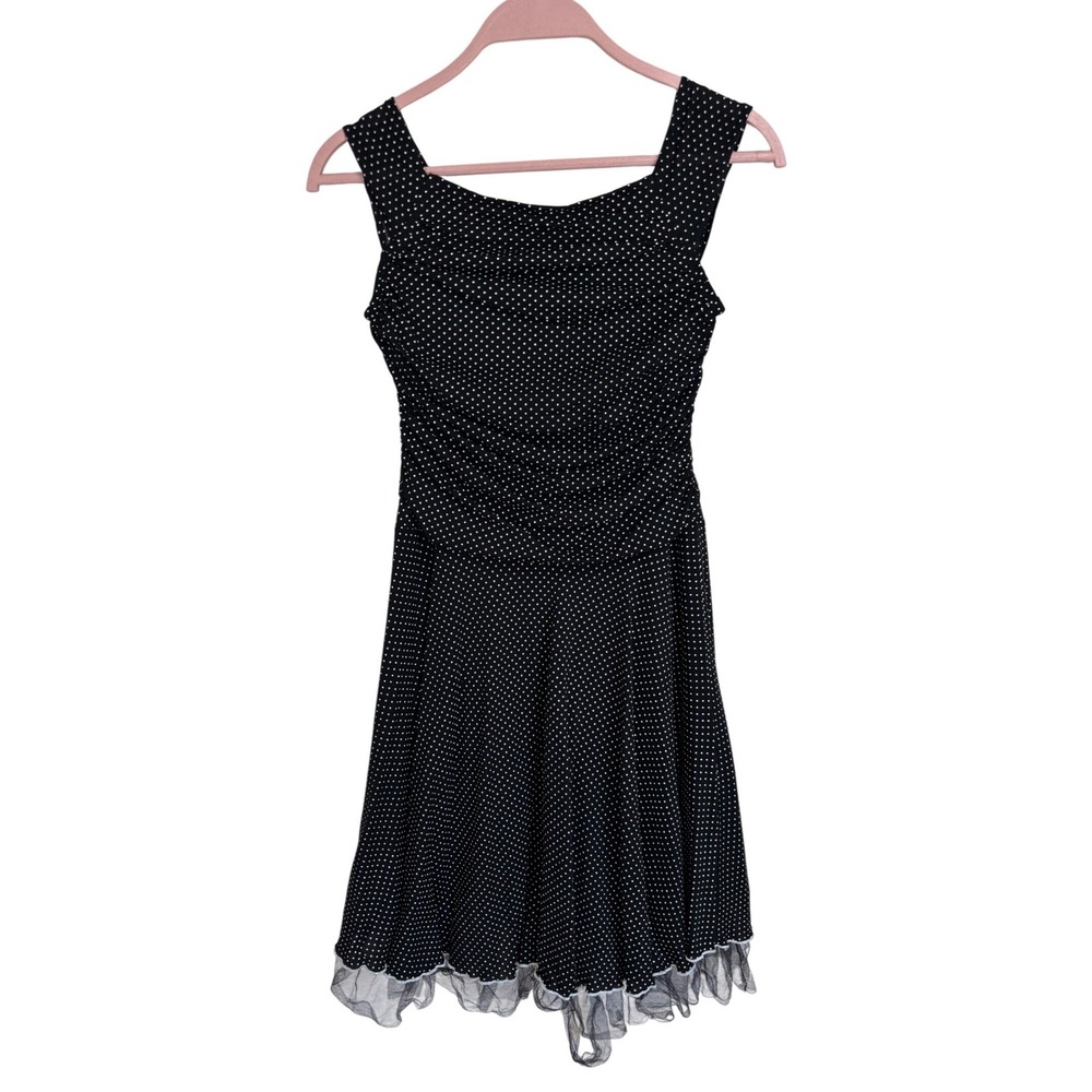 Vtg Y2K Polka Dot Dress Girls Sz 10/12 Black White Polka Dots Ruched Tulle Punk